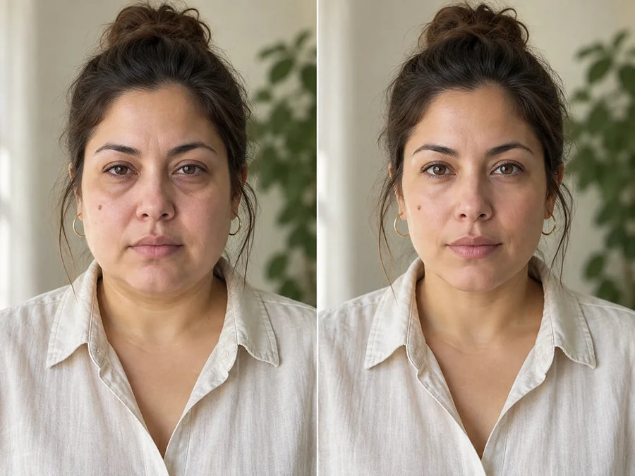 La misma mujer antes y después: a la izquierda con el rostro hinchado, a la derecha desinflamado