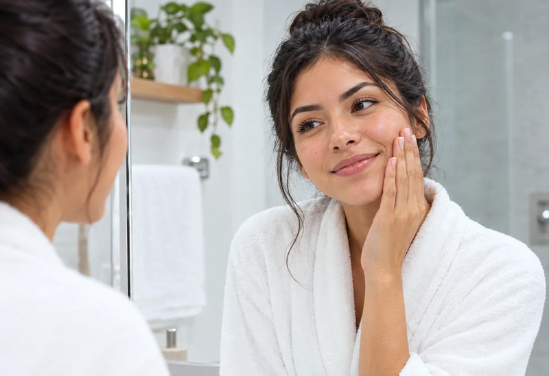 Mujer frente al espejo tocándose la cara