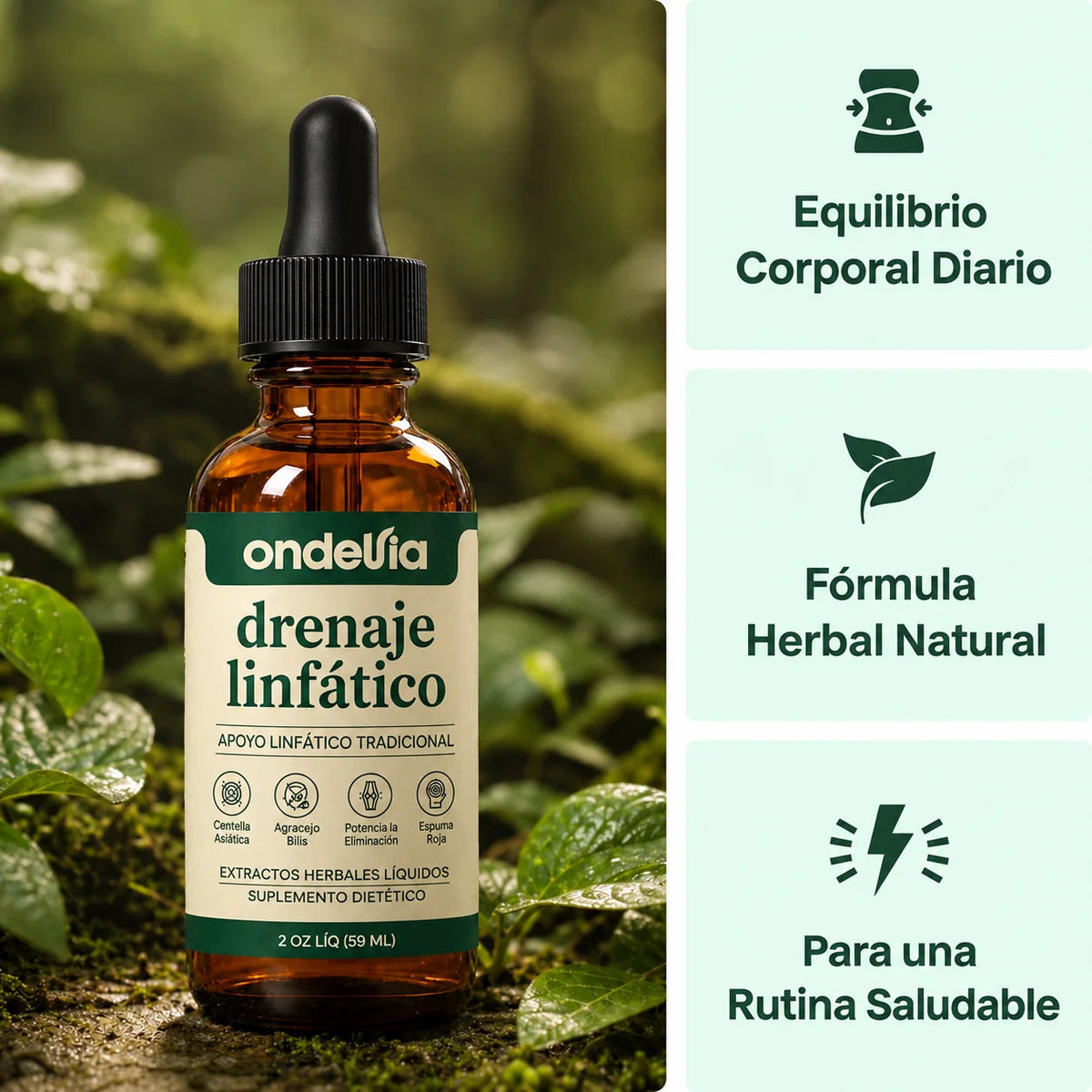 Frasco de Drenaje Linfático Ondellia con sus tres promesas: equilibrio corporal diario, fórmula herbal natural y apoyo para una rutina saludable