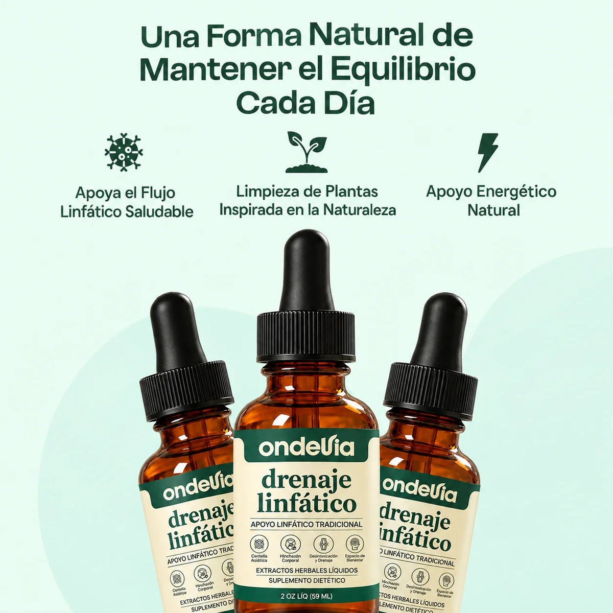 Tres frascos de Ondellia: apoya el flujo linfático saludable, limpieza de plantas inspirada en la naturaleza y apoyo energético natural