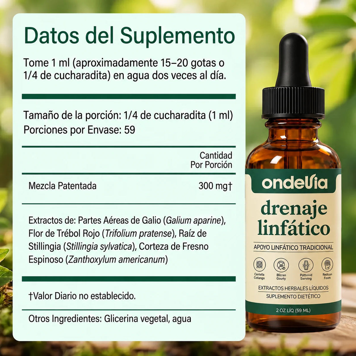 Datos del suplemento: 1 ml dos veces al día, 59 porciones por envase y mezcla patentada de 300 mg